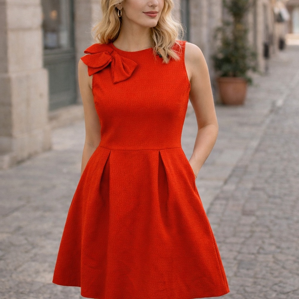RW&CO. Vibrant Red Mini Dress with Bow Accent